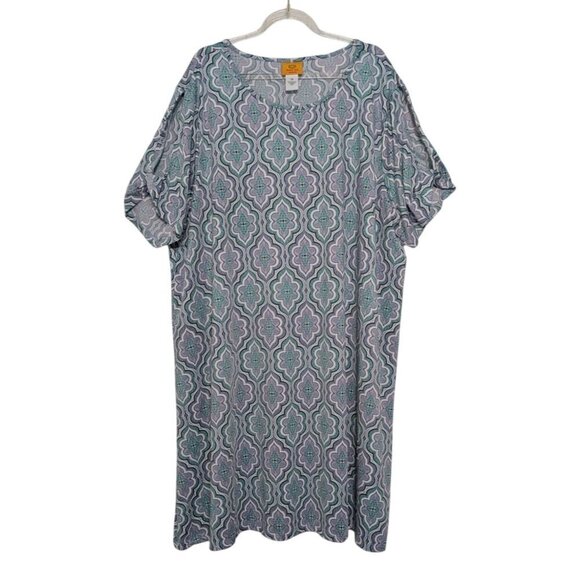 Ruby Rd Geometric Dress Womens Size 2X Blue Open Sleeve Quatrefoil Stretch - Picture 1 of 9